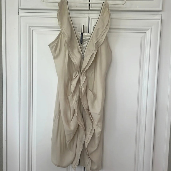 Gentle Fawn Mini Beige Cream Cascading Ruffle Zip Up spaghettini straps dress 6 - Picture 3 of 16